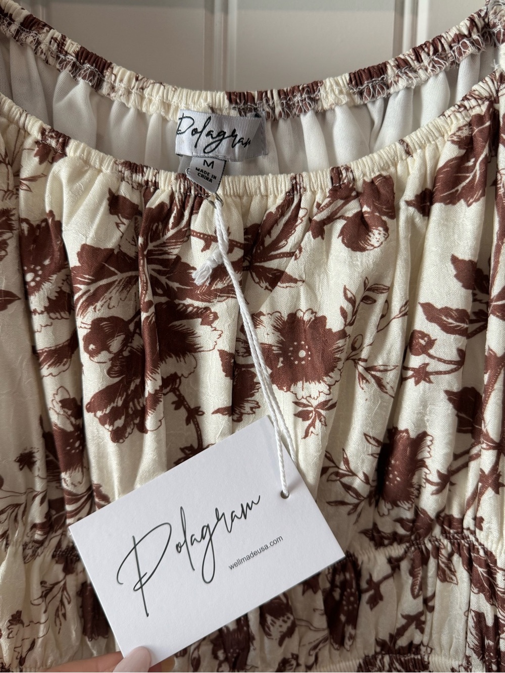 Women’s Cream Dress with Brown Floral Print and Puff Sleeves - Picture 3 of 3